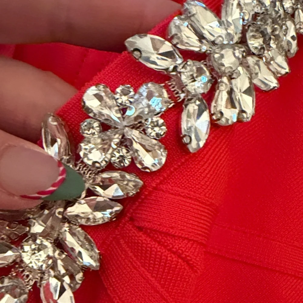 One-Shoulder Red Rhinestone Accent Dress - Picture 7 of 13